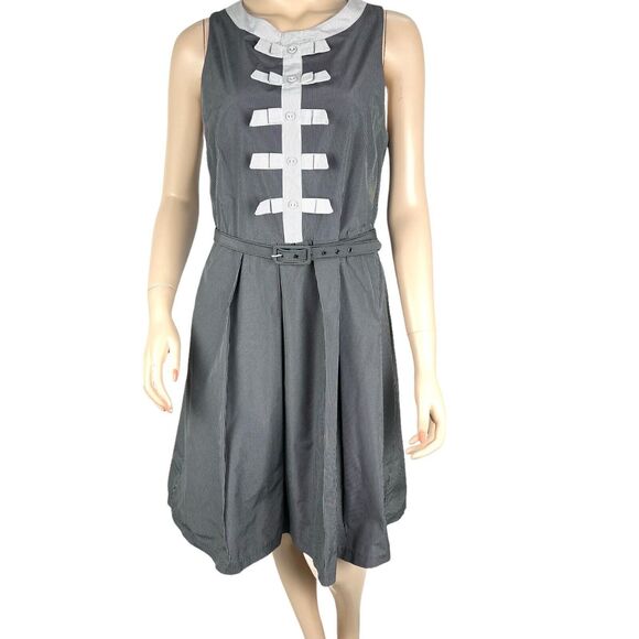 Eva Franco Belted Sleeveless Dress SZ 8 Black White Grid Pattern Bows Buttons - Picture 1 of 11